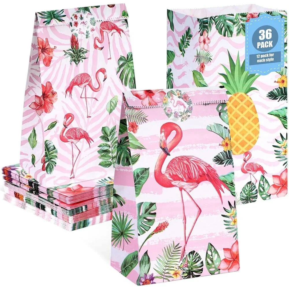 36PCS Party Favors Bags, Hawaii Treat Bags w/Stickers Flamingo Gift Bags 3Design